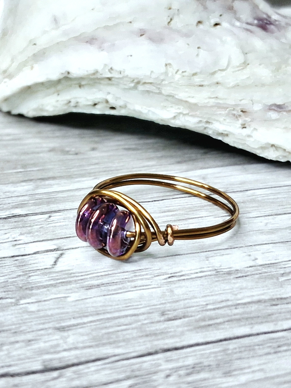 Bronze Wire Ring with Purple Czech Glass Beads